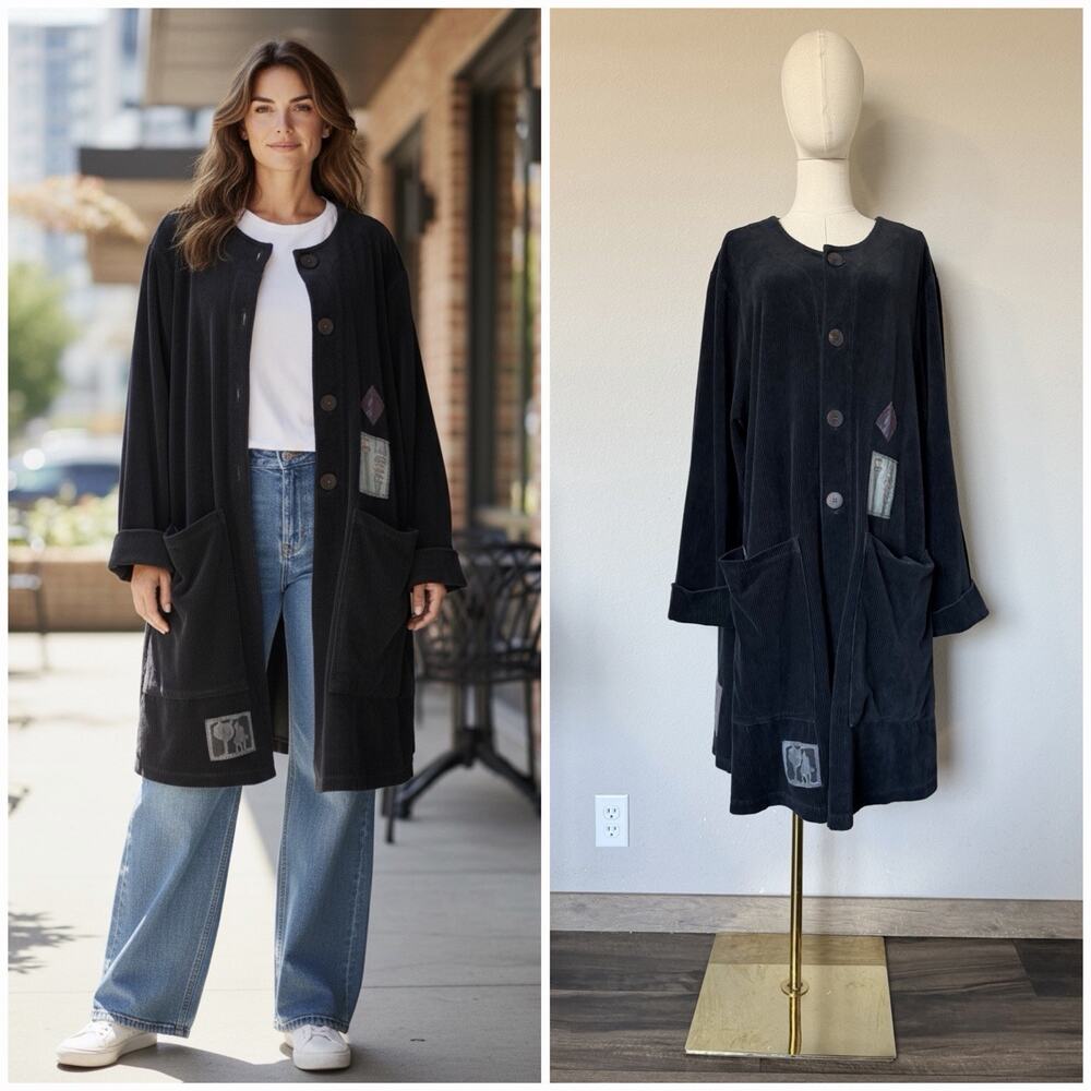 VTG Blue Fish Sz 1 (10-16) Coat Corduroy Lagenlook Boho Artsy Hand Painted Navy